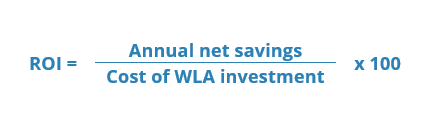 ROI = (Annual net savings / Cost of WLA investment) x 100